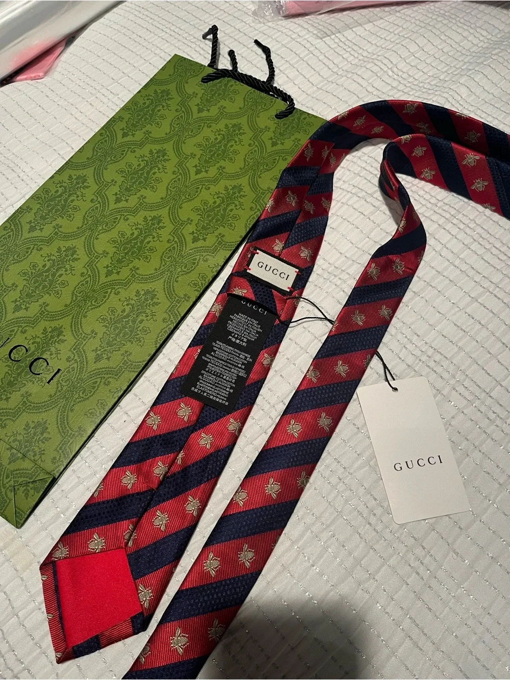 Gucci Men's Red and Navy Diagonal Stripe Tie with Gold Bee Emblems